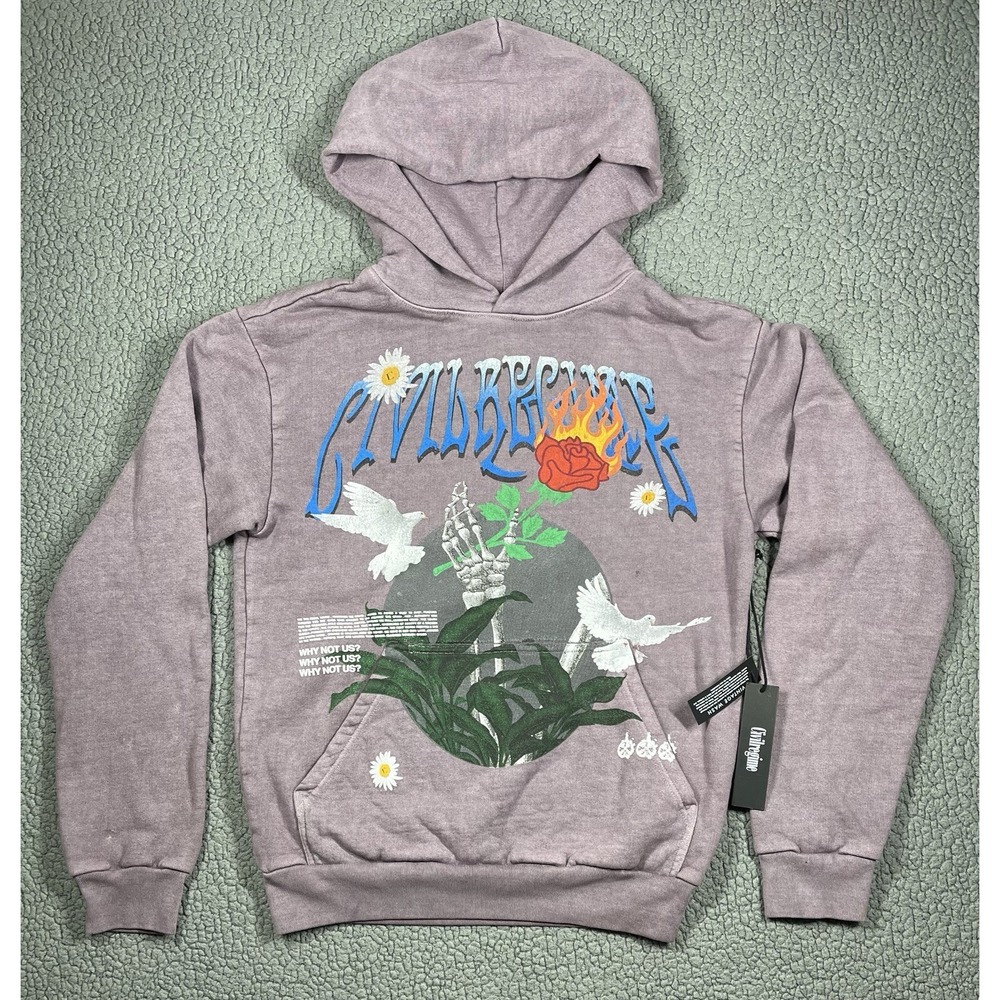 Civil Regime Mens Vintage Wash Hoodie Purple Rose Skeleton Graphic Small NWT